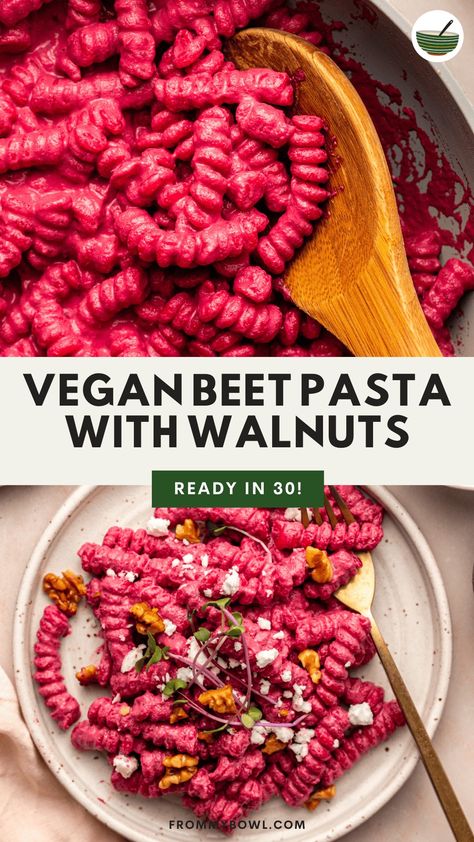 This Beet Pasta is made rich and vibrant with al dente pasta, toasted buttery walnuts, and a homemade beetroot pasta sauce that is as delicious as it is beautiful. Vegan, Gluten-Free option. Beet Pasta Sauce, Beetroot Pasta, Beet Pasta, Tofu Pasta, Vegan Pasta Sauce, Avocado Pesto Pasta, Cooking Beets, Beetroot Recipes, Quick Pasta Recipes