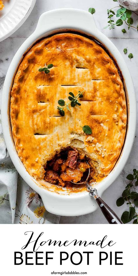 Beef Pot Pie Recipe, Beef Pot Pie, Buttery Flaky Pie Crust, Beef And Vegetables, Beef Pot Pies, Pot Pie Recipe, Tomato Gravy, One Dish Dinners, Beef Stew Meat