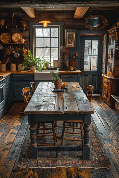 Blue Kitchen Accents, Kitchen Corners, Dapur Rustic, Prim Kitchen, Colonial Kitchens, Minimalist Cottage, Vermont House, Primative Decor, House Cabin