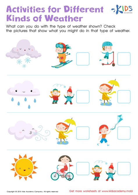 Look at the different weathers pictured in this worksheet with your children. Ask them to check the pictures that show the activities that can be done in each type of weather. Weather Activities Preschool, Weather Activities For Kids, Kinds Of Weather, Animal Pictures For Kids, Worksheet For Kindergarten, Weather Worksheets, Printable Preschool Worksheets, Activities Worksheet, Reasoning Skills