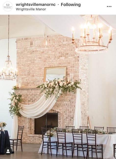 Wedding Fireplace Mantle Ceremony Backdrop, Fireplace Background Wedding, Wedding Backdrop Fireplace, Simple Fireplace Wedding Decor, Mantle Decorations For Wedding, Fireplace Arrangements Wedding, Ceremony In Front Of Fireplace, Fireplace Mantle Garland Wedding, Fireplace Hearth Wedding Decorations