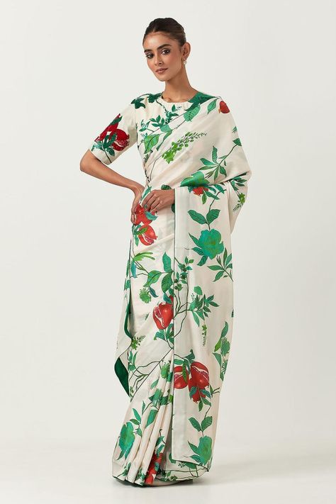 Ivory Habutai Silk Floral Printed Saree With Padded Blouse Padded Blouse, Green Saree, Printed Saree, Blouse For Women, Fashion App, Blouse Online, Saree With Blouse, Printed Sarees, Designer Wear