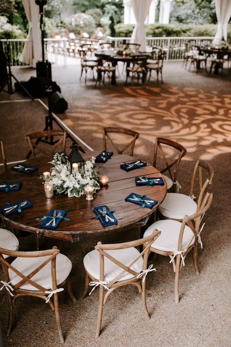 Round Wood Wedding Tables, Round Wood Table Wedding, Garden Wedding Round Table, Scottish Table Setting, Blue And Wood Wedding, Dark Green And Navy Wedding, Blue Plaid Wedding, Tables For Wedding Reception, Navy Blue And Emerald Green