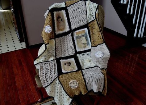 photo memory crocheted afghan Growing Up On A Farm, 89th Birthday, Memory Blanket, Mesh Wreath Tutorial, Brother Embroidery Machine, Easy Diy Wreaths, Rustic Entryway, Memory Pillows, A Ha