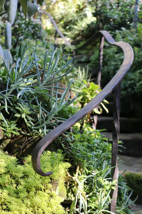 Garden Handrail Ideas, Garden Steps Handrail, Outdoor Railings For Steps, Wood Hand Rails For Stairs Outdoor, Garden Handrails, Garden Step Handrail, Handrails For Stairs Outdoor, Wrought Iron Stair Railing Outdoor, Handrails For Outdoor Steps