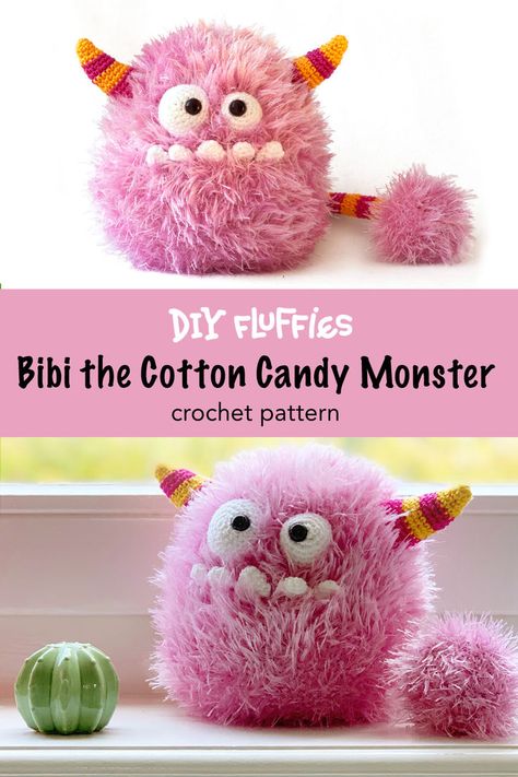 Crochet this cute cotton candy monster with the DIY Fluffies Amigurumi crochet pattern. Learn how to create fluffy cute monsters. If you need help crocheting with fur yarn, watch the free DIY Fluffies YouTube video. Monster Crochet Pattern, Monster Amigurumi, Candy Monster, Monster Crochet, Crochet Monsters, Pink Cotton Candy, Crochet Animal Patterns, Cute Monsters, Crochet Toys Patterns