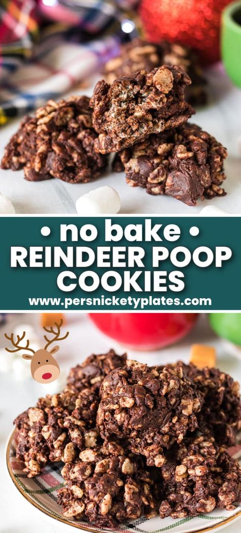 These Reindeer Poop Cookies will make kids and adults snicker while also being your new favorite no-bake Christmas cookie! Reindeer Poop Cookies, Caramel Marshmallows, Persnickety Plates, Reindeer Poop, Bake Christmas, Christmas Baking Cookies, Cookie Balls, Recipes Holiday, Crispy Rice