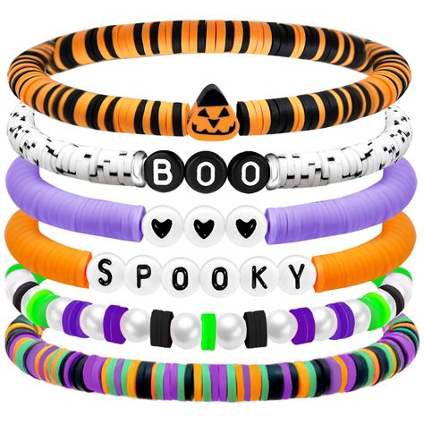 PRICES MAY VARY. Festive Charm: Elevate your Halloween look with our stackable surfer heishi bracelets, expertly crafted with preppy clay beads HOCUS POCUS SPOOKY/BOO SPOOKY/HALLOWEEN BOO that stretch to fit most wrist sizes Spooky Yet Stylish: This 7-piece set features Halloween-themed charms, perfectly blending spooky elements with fashionable accessories for any party, costume contests or cosplay event Versatile Wear: Mix and match these clay bead bracelets to complement various outfits — fro Halloween Acssesories, Hocus Pocus Clay Bead Bracelet, Clay Beads Halloween, Clay Beads Ideas Halloween, Cute Bracelets With Clay Beads, Easy Clay Bead Bracelet Ideas, Boo Bracelet, Halloween Bracelet Ideas Clay, Bracelets For Boys