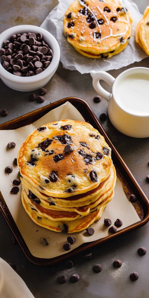 Pancake With Chocolate Chips, Pancakes With Toppings, Chocolate Chips Pancakes, Chocolate Chip Pancakes Aesthetic, Homemade Chocolate Chip Pancakes, Tasty Breakfast Ideas, Sweets Aesthetic, Pancakes Chocolate, Friends And Food