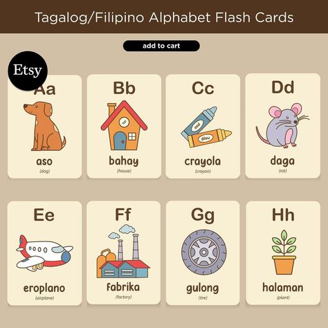 Introducing my charming neutral-colored A-Z Filipino (Tagalog) alphabet flashcards. Featuring delightful illustrations, these visually appealing educational materials are perfect for parents, teachers, and caregivers seeking engaging learning tools for their kids, and students. Shop link at bio. #filipinoflashcards #alphabet #alphabetflashcards #filipinowords #learntagalog #learnfilipinolanguage #educational #educationalresources #homeschoolmom #teacherresources #etsy Tagalog Alphabet, Filipino Words, Abc Flashcards, Flashcards For Kids, Alphabet Flashcards, Homeschool Mom, Learning Tools, Caregiver, Educational Materials