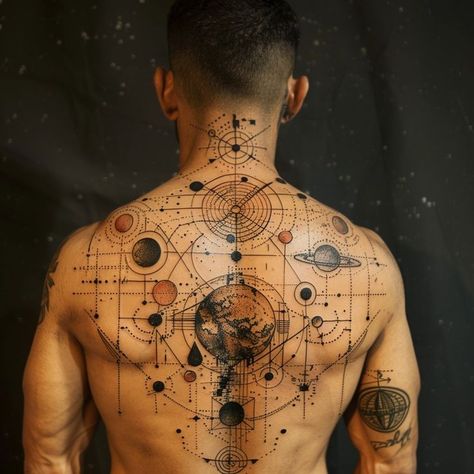 Detailed solar system tattoo on man's back, featuring planets, orbits, and celestial symbols in artistic ink - astronomy body art. Astronomy Tattoo, Celestial Symbols, Solar System Tattoo, Lines And Dots, Dot Tattoos, Gorgeous Tattoos, Abstract Tattoo, The Human Body, Back Tattoo