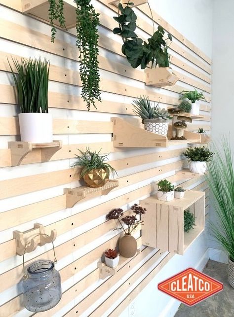 Slat Wall Display, Plant Display Ideas, 4 Season Room, Wood Wall Design, Diy Kitchen Projects, Wood Slat Wall, Diy Baby Furniture, French Cleat, Furniture Couch