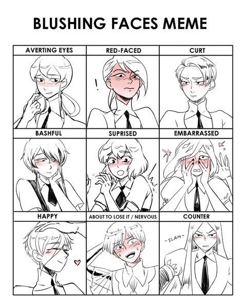 Blushing faces meme Anime Expressions Reference, Blushing Drawing, Blush Drawing, Expressions Anime, Poses Expressions, Expressions Reference, Awkward Poses, Expressions Drawing, Demon Reference