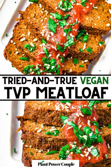 Experience ultimate comfort with our delicious vegan meatloaf recipe! Loaded with protein and bursting with flavor, it's a surefire hit for dinner. Enjoy it as-is with mashed potatoes and corn, or elevate it by topping with tomato sauce and serving alongside pasta and garlic bread. However you choose to indulge, it's guaranteed to be a family favorite. Plus, it makes fantastic sandwiches for lunch the next day! Get ready for a meal that satisfies both heart and soul. Vegan Tvp Recipes, Vegetarian Meatloaf Recipes, Tvp Meatloaf, Tvp Recipes Vegan, Vegan Meatloaf Recipes, Tofu Meatloaf, Meatloaf Recipe Easy, Vegan Soul Food Recipes, Pasta And Garlic Bread