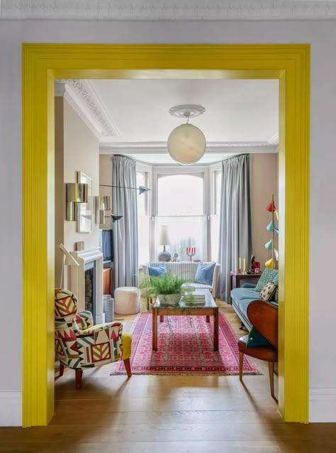 Bay Window Living Room, Window Living Room, Dado Rail, Room Accent Wall, Yellow Room, Chic Interior Design, Accent Walls In Living Room, Wall Paint Designs, Yellow Mustard