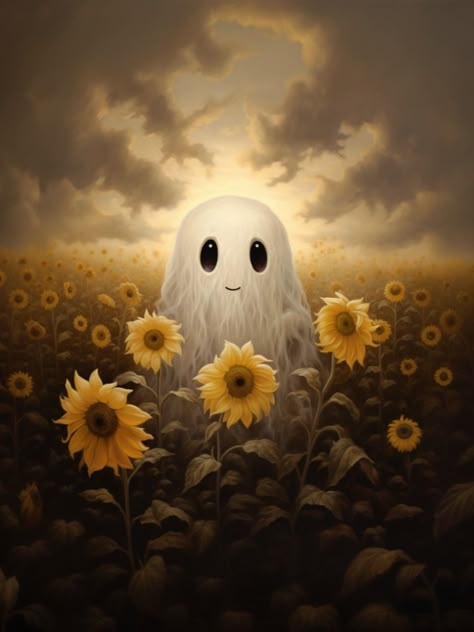 An oil painting of a cute little ghost standing in a sunflower field. Digital Art Software, Halloween Kunst, L Wallpaper, Art Mignon, Halloween Artwork, Hur Man Målar, Dark Cottagecore, Halloween Images, A Ghost