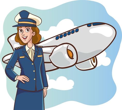 Vector smiling young woman pilot captain... | Premium Vector #Freepik #vector #air-hostess #stewardess Aviation Drawing, Flight Attendant Drawing Sketch, Pilot Woman, Female Pilot Character Design, Pilot Illustration, Pilot Cartoon, Lady Pilot Aesthetic, Aeroplane Cartoon Images, Pilots Art