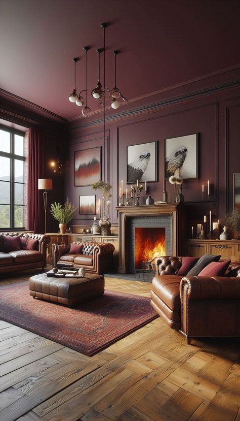 Crimson Living Room, Burgundy Library Room, Burgundy And Brown Living Room, Burgundy House Decor, Burgundy Accent Wall Living Room, Maroon Home Decor, Dark Red Library, Burgundy And Gold Living Room, Burgundy Living Room Walls