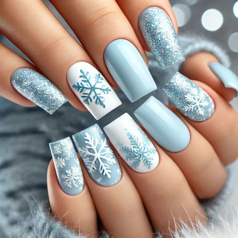 Snow Blue Nails Winter, Ice Blue Snowflake Nails, Sweater And Snowflake Nails, Snowy Blue Nails, Christmas Nail Designs Blue And Silver, Light Blue Christmas Nails Winter, Winter Nail Blue, Icy Blue Christmas Nails, Winter Fingernail Designs