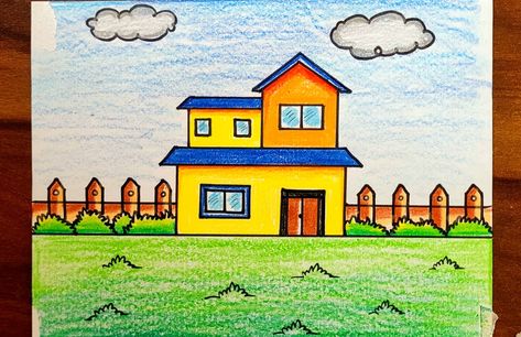 Very easy pucca house drawing for kids | How to Draw pucca house | house scenery drawing simple step House Drawing With Color, Drawing For Class 2 Students, Drawing For 1st Class Students, Easy House Drawing For Kids, House Pictures Drawing, Drawing For Class 3, School Drawing Easy, House Scenery Drawing, Easy House Drawing