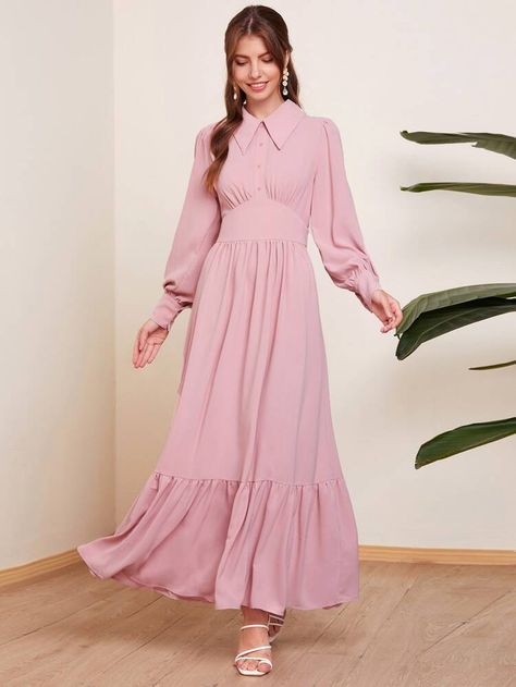 SHEIN Peter-pan-collar Wide Waistband Flounce Hem Shirt Dress | SHEIN USA Collar Gown, Model Gamis, Girls Long Dresses, Maxi Outfits, Old Fashion Dresses, Mode Abaya, Prom Dresses Gowns, Linen Fashion, Dress Design Patterns