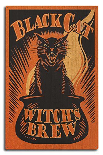 Lantern Press Halloween - Black Cat Witch's Brew (10x15 Wood Wall Sign, Wall Decor Ready to Hang) Lantern Press Wood Postcard, Halloween Graphics, Witch's Brew, Halloween Black Cat, Artwork For Living Room, Halloween Vintage, Halloween Black, Black Cat Halloween, Canvas Art Wall Decor