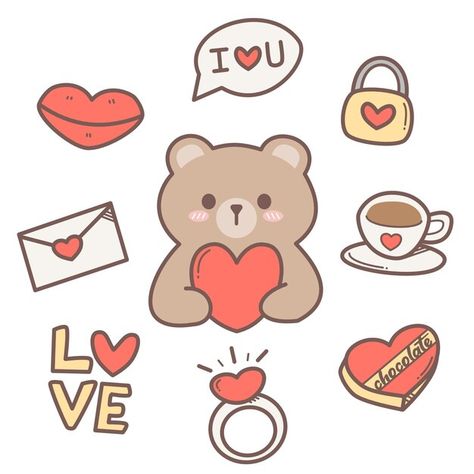 Cute Valentine Drawings, Valentines Doodles, Angel Drawings, Valentines Bear, Valentines Stickers, Sticker Valentines, Cute Halloween Drawings, Doodle Bear, Valentine Vector