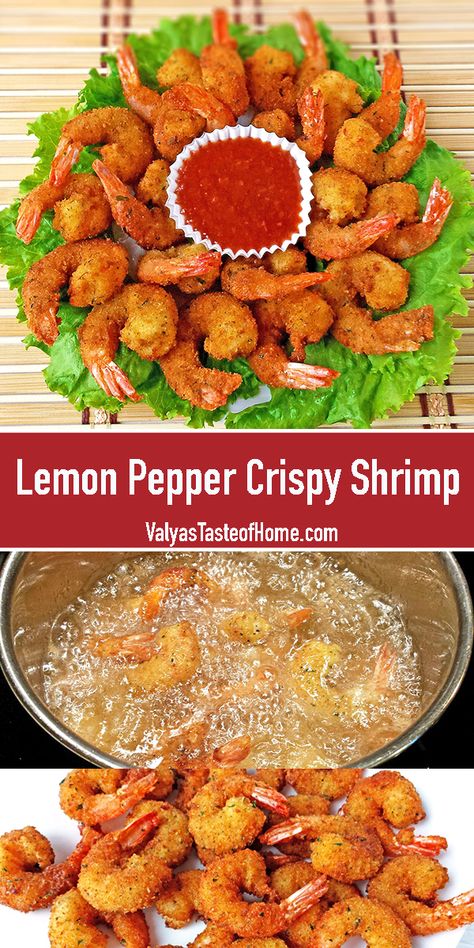 Lemon Pepper Fried Shrimp, Fried Shrimp Recipes Easy, Pepper Shrimp Recipe, Lemon Pepper Shrimp, Baked Shrimp Recipes, Fried Shrimp Recipes, Prawn Dishes, Seafood Dish Recipes, Pepper Shrimp