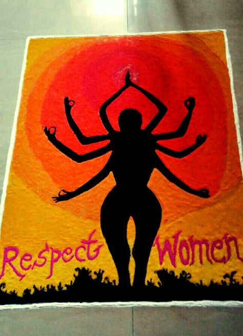 Theam Rangoli Designs, Rangoli On Women Safety, Rangoli On Women Empowerment, Women Empowerment Rangoli Designs, Theme Based Rangoli, Theme Rangoli Designs For Competition, Women Empowerment Painting, Painting On Women Empowerment, Women Rangoli