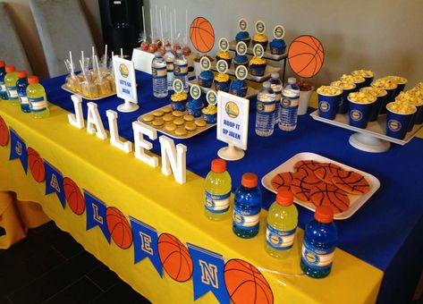 Basket Ball Theme Party | CatchMyParty.com Warriors Basketball Party, Stephen Curry Birthday, Golden State Warriors Party, Golden State Warriors Birthday, Ball Theme Party, Basketball Themed Birthday Party, Ball Birthday Party, Basketball Baby Shower, Themed Centerpieces