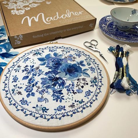 Indigo blue embroidery kit. BACK IN STOCK. | Etsy Porcelain Embroidery, Indigo Embroidery, Painted Florals, Garden Embroidery, Diy Embroidery Designs, Blue Porcelain, Fabric Embroidery, Blue Embroidery, Embroidery Craft