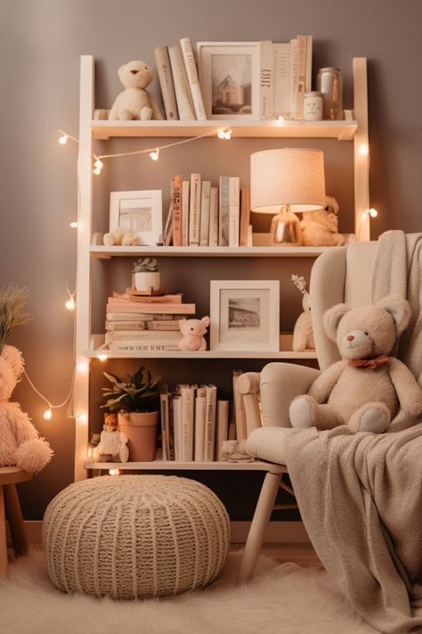 light tan neutral bookshelf and chair for nursery Room Bookshelf Ideas, Nursery Book Storage, Book Themed Nursery, Girls Bookshelf, Apartment Nursery, Green Bookshelves, Nursery Bookcase, Baby Baker, Cozy Baby Room