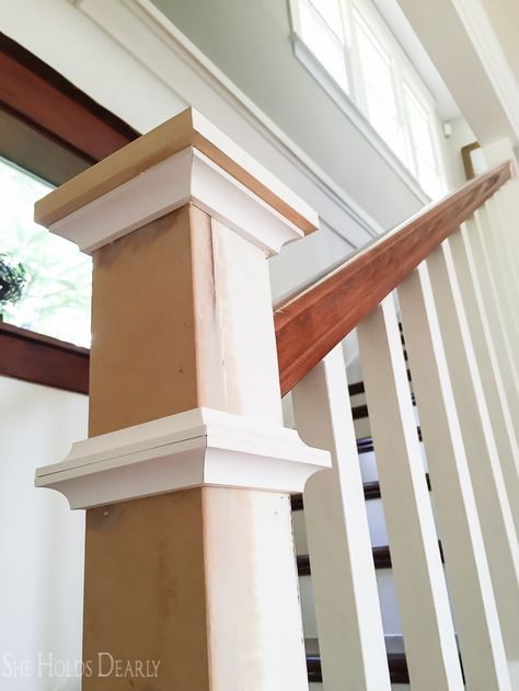 Simple DIY for a farmhouse style newel post Remodel Staircase, Craftsman Stairs, Banister Remodel, Stairs Diy, Stair Railing Makeover, Stair Newel Post, Room Opening, Diy Stair Railing, Farmhouse Stairs