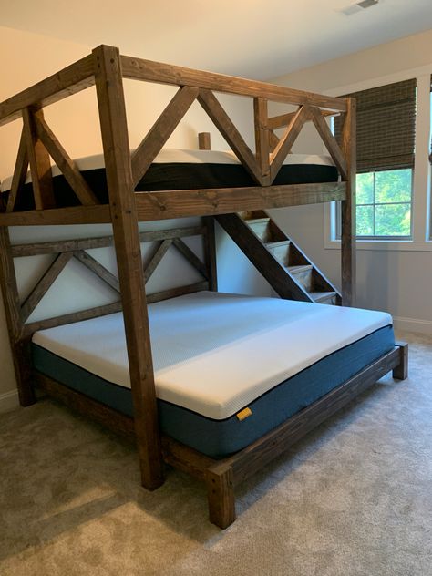 Custom bunk beds built for adults, vacation homes, guest rooms. Bunk Bed Rooms Cabin, Extra Tall Loft Bed, Queen Twin Bunk Bed Guest Rooms, Rustic Queen Bunk Beds, Low To The Ground Bunk Beds, Bunk Over King Bed, Diy King Bunk Bed, Rustic Cabin Basement Ideas, Wood Bunk Beds Diy