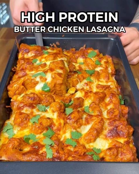 High Protein | Low Calorie on Instagram: "BUTTER CHICKEN LASAGNA! 🥘By @_aussiefitness  High Protein Meal Prep💪🏼  (Per Serve - 4 Total) 552 Calories 39gC | 13.5gF | 65.5gP  Ingredients: (chicken marinade) 700g Diced Chicken Breast (raw weight) 140g Low Fat Greek Yoghurt  1 Tsp Salt, 1.5 Tsp Smoked Paprika, 1.5 Tsp Turmeric, 1 Tsp Garam Masala  4 Diced Garlic Cloves & 10g Minced Ginger  Ingredients: (butter chicken) 10g Light Butter (Nuttelex Light) 1/2 Sliced Onion 15g Cashew Nut Butter (optional - or regular cashew nuts) Same Seasonings Used For Marinade 500g Diced Tomatoes 60g Low Fat Greek Yoghurt  Lasagna: 6 Instant Lasagna Sheets (Brand: Vetta Smart Instant Lasagna Sheets - or if using regular lasagna sheets boil them beforehand) 180g Low Fat Cheese (Brand: Bega 50% Less Fat Grated Butter Chicken Lasagna Recipe, Butter Chicken Lasagna, Cashew Nut Butter, Chicken Lasagna Recipe, Protein Meal Prep, Sliced Onion, High Protein Meal, High Protein Meal Prep, Chicken Lasagna