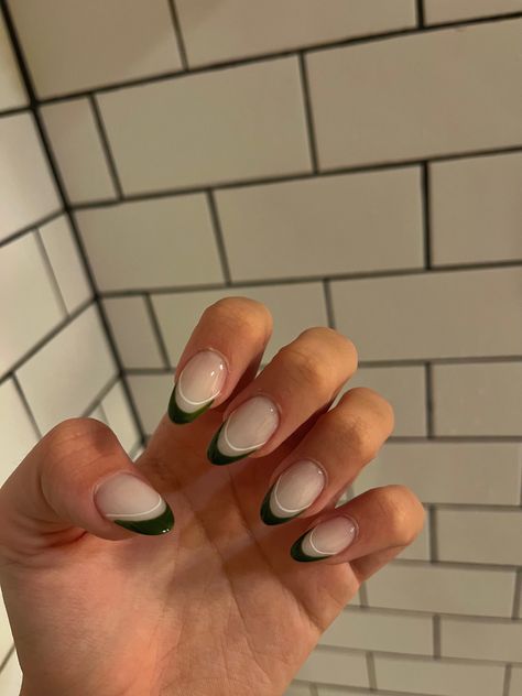 Green French Tip With White Line, White French Tip Nails With Green Design, French Tip With Green Line, Colored French Tip With Chrome, White And Green French Tip Nails, Green Acrylic Nails French Tip, Green And White French Tip Nails, Green And White French Tip, Tip Acrylics