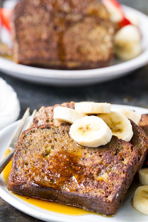 This Banana Bread French Toast is pure paleo breakfast comfort food!  Made with a hearty banana-sweetened grain free and paleo banana bread, it’s perfect for a weekend breakfast treat when you’re craving something indulgent.  Gluten free, dairy free, refined-sugar free. Paleo French Toast, Paleo Whole 30 Recipes, Banana Bread French Toast, Bread French, Easy French Recipes, Paleo Running Momma, Bread French Toast, Paleo Breakfasts, Paleo Banana Bread