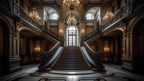 Castle Great Hall Aesthetic, Grand Double Staircase, Two Staircases Entryway, Dark Academia Staircase, Grand Staircase Design, Bifurcated Staircase, Lucien Castle, Mansion Staircase, Remote House