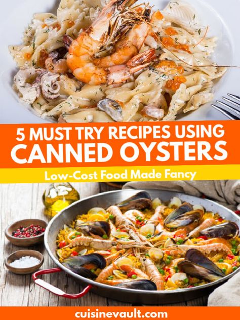 Got canned oysters in the pantry that you don't know what to do with? Check out these delicious recipes that will help you use up those cans of oysters. #cannedoysters #cuisinevault Keto Oyster Stew, How To Eat Canned Oysters, Oyster Meat Recipes, Recipes Using Canned Smoked Oysters, Recipes With Smoked Oysters, Smoked Oyster Pasta, Recipes Using Canned Oysters, Smoked Mussels Canned, Canned Oyster Recipes Appetizers