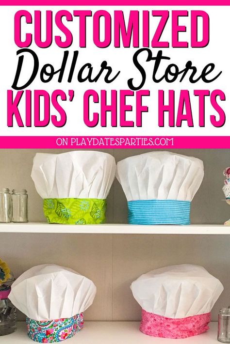 With this fun tutorial, you can make your own customized kids chef hat out of dollar store hats and scrap fabric. It's a great DIY project for baking parties, or as a gift idea for children who love cooking. #partyideas #bakingparty #sewing #kids #birthday #vintagebakeshop #bakeshop Kids Chef Hat, Kids Birthday Crafts, Kids Cooking Party, Store Hats, Chef Hats For Kids, Baking Birthday Parties, Cake Decorating Party, Chef Costume, Kid Chef