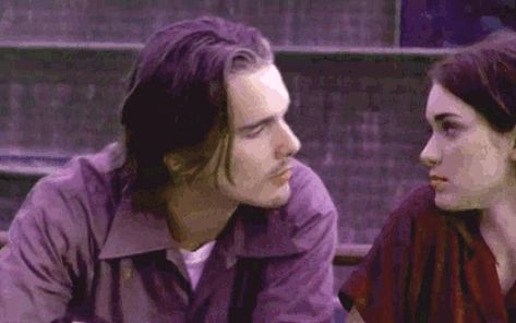 Reality Bites (1994). Troy Dyer (Ethan Hawke) & Lelaina Pierce (Winona Ryder). Troy: "You know what?" Lelaina: "Hmm." Troy kisses Lelaina. Lelaina kisses him back but then breaks off the kiss. Lelaina: "No, no. no." Troy: "What?" Lelaina: "Troy, I can't. I can't." Troy: "Why not? You never thought about it?" Lelaina: "W-well, yes, of course I have but, I..." Troy: "But what?" Lelaina: "I can't not be friends with you, okay? I can't --." Johnny Depp And Winona, Tv Miniseries, Reality Bites, Ethan Hawke, Winona Ryder, Black Phone, The Kiss, Moon Knight, Fun Couple