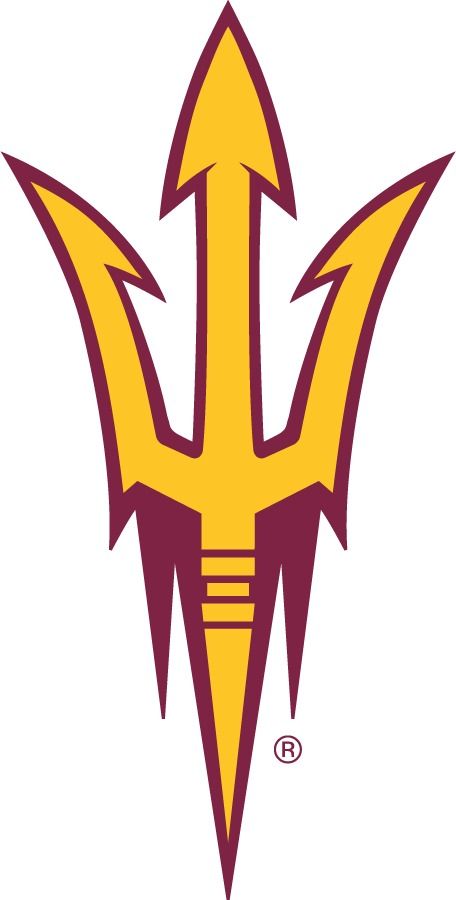 Arizona State Sun Devils Logo Primary Logo (2011-Pres) - A three-pronged vertical trident/pitchfork in maroon & gold. Arizona State University teamed with Nike in a major rebranding campaign that was launched in April 2011. The rebranding added two colors to the athletics color palette of maroon and gold: copper, for its prominence in Arizona history, and black, a long-anticipated return to the Sun Devil attitude. Nike developed a custom athletic font called Sun Devil Bold. This font incorporate Arizona State University Logo, Rebranding Campaign, Sun Devils Logo, Athletic Fonts, Arizona History, Sun Devils, Word Mark Logo, University Logo, Virtual Museum