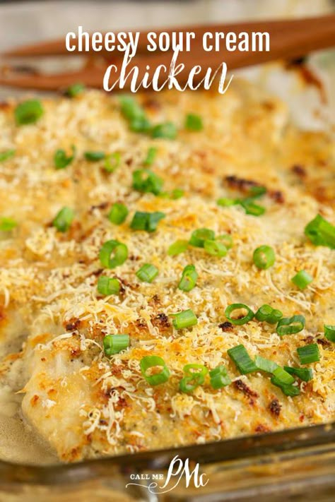 Cheesy Sour Cream Chicken is marinated chicken smothered in sour cream and coated in parmesan cheese, a meal the whole family loves for dinner! #dinner #chicken #sourcream #cheese #recipe #baked #easy #entree Cheesy Sour Cream Chicken, Cream Chicken Recipes, Seasoned Sour Cream, Chicken Thighs Dinner, Chicken Smothered, Toast Pizza, Cream Chicken, Marinating Chicken Breast, Sour Cream Chicken