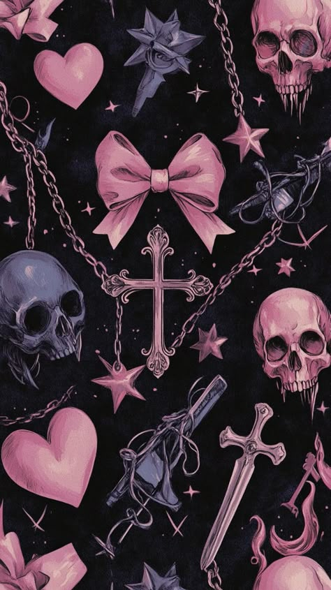 Pastel Emo Wallpaper, Gothcore Pink Wallpaper, Pink Goth Wallpaper Pc, Cute Monster High Wallpapers, Emo Valentines Wallpaper, Pastel Goth Phone Wallpaper, Pink Alt Wallpapers, Spooky Pink Aesthetic, Grunge Coquette Wallpaper