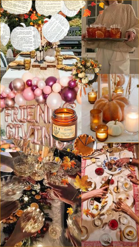 Girlfriends And Gratitude Party, Fall Friends Party, Thanksgiving Girls Night, Girly Friendsgiving, Friendsgiving College, Friendsgiving Aesthetic Decor, Friendsmas Aesthetic, Friendsgiving Cake, Friendsgiving Aesthetic