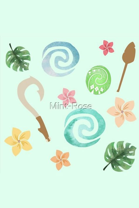 Pattern inspired by Moana, including the water symbol, Maui's fish hook, Moana's oar, the Heart of Te Fiti, and tropical flowers and leaves available on my RedBubble shop (Mint-Rose) with over 90 types of products available Maui Fish Hook, Moana Tattoos, Moana Drawing, The Heart Of Te Fiti, Disney Moana Art, Maui Moana, Heart Of Te Fiti, Te Fiti, Water Symbol