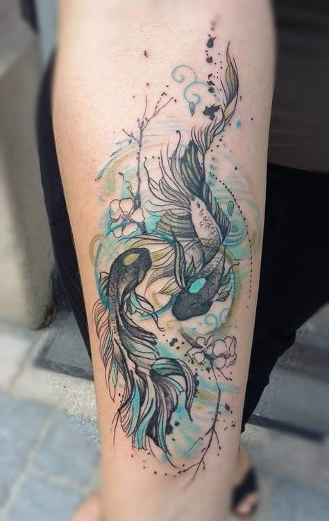 Koi Fish Couple Tattoo, Tui Tattoo, Watercolor Fish Tattoo, Koi Fish Tattoos, Pisces Tattoo Designs, Koi Tattoo Design, Ocean Tattoo, Tattoo Board, Pisces Tattoos