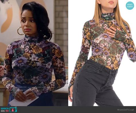 Randi’s floral mesh turtleneck top on Call Me Kat. Outfit Details: https://wornontv.net/275578/ %23CallMeKat Mesh Turtleneck Outfit, Kyla Pratt, Mesh Turtleneck, Turtleneck Outfit, Fall Inspo, Turtleneck Top, Turtle Neck Top, Mens Plus Size, Latest Outfits