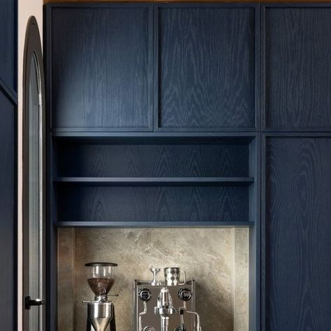 Blue Wood Stain Cabinets, Blue Wood Stain, Blue Cabinetry, Timber Kitchen, Stain On Pine, Staining Cabinets, Joinery Details, Timber Veneer, Timber Panelling