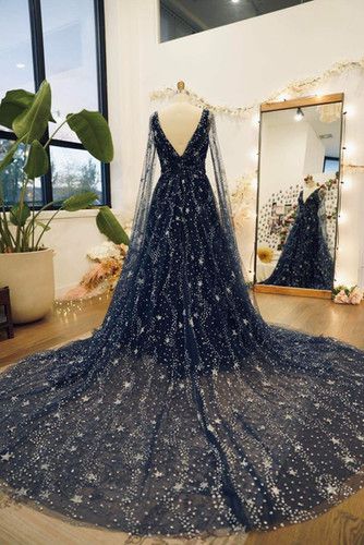 Night Sky Dress, Dress With Cape Sleeves, Starry Wedding, Galaxy Wedding, Starry Night Wedding, Dress With Cape, Non Traditional Wedding, Celestial Wedding, Floral Wedding Dress